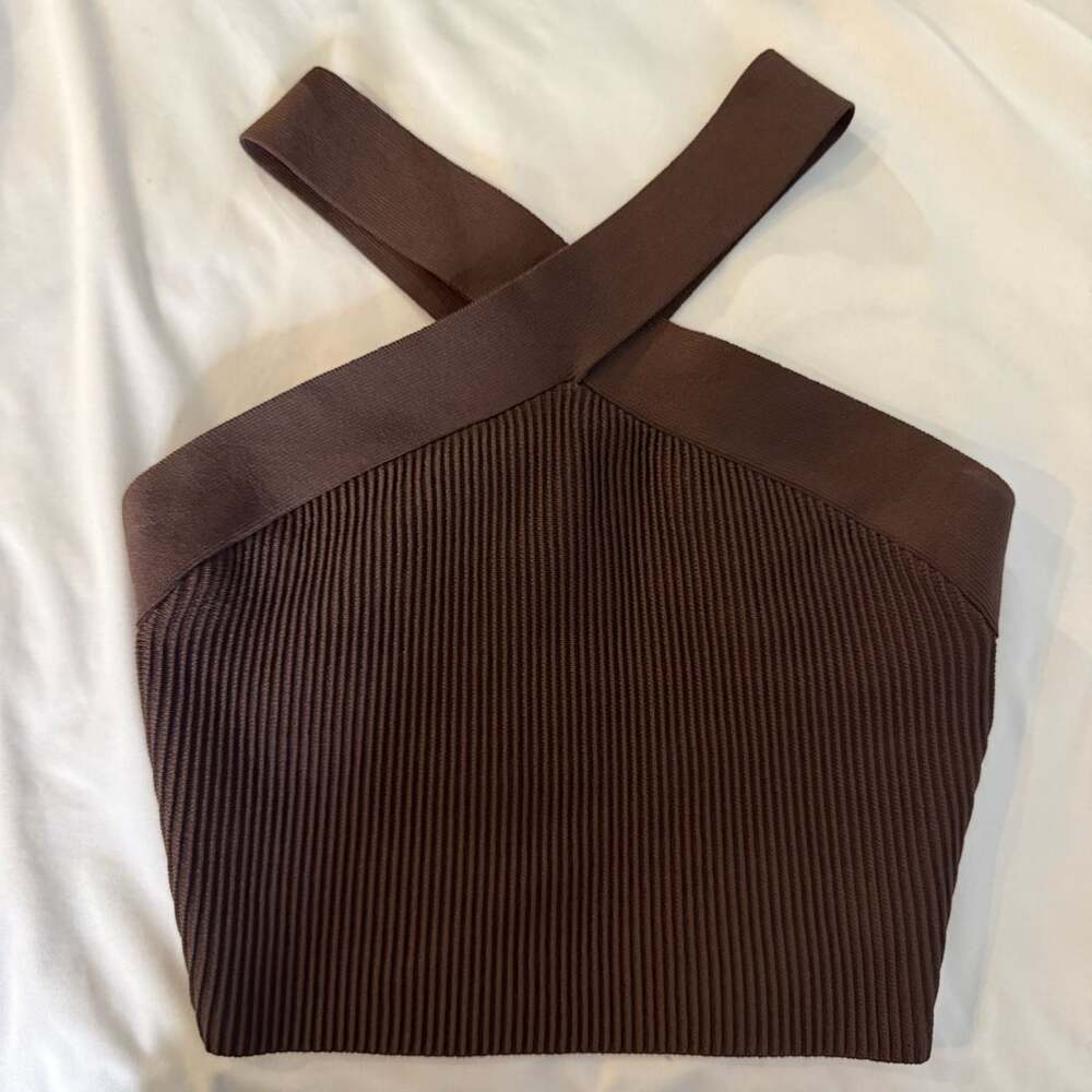 Aritzia Babaton Sculpt Knit Criss-Cross Crop Top Brown